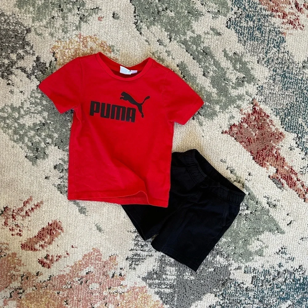 Puma Toddler Boy Red T-Shirt and Cat & Jack Black Sweat Shorts Set Size 3T